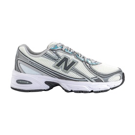 New Balance 740 trainer in white and castlerock metallic, mesh upper with silver overlays, blue lace detail, white sole