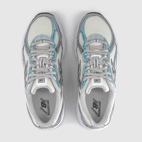 New Balance 1906R trainers in white castlerock metallic, overhead view showing blue lace detailing and mesh upper