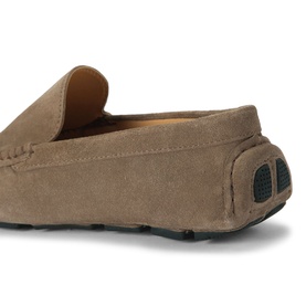 KG by Kurt Geiger brown suede driving loafer, close-up of toe and heel detail with dark rubber sole accent