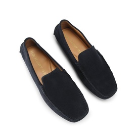 KG by Kurt Geiger blue suede loafers with tan leather insole, slip-on style, pair shown from above