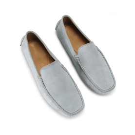 KG by Kurt Geiger blue suede men's loafers, slip-on style with moccasin toe stitching and tan leather lining