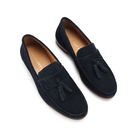 KG by Kurt Geiger blue suede tassel loafers, tan leather lining, flat leather sole, overhead pair shot
