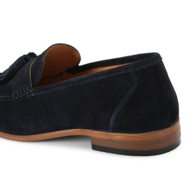 KG by Kurt Geiger blue suede loafer with tassel detail, tan leather lining and stacked wooden heel, back three-quarter view