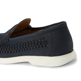 KG by Kurt Geiger blue nubuck woven loafer with tan insole and white sole, heel and side detail view.