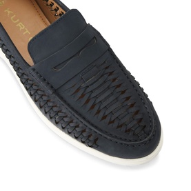 KG by Kurt Geiger blue woven leather loafer with white sole, close-up detail of braided upper and fringe trim