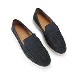 KG by Kurt Geiger blue woven suede loafers with white rubber sole, overhead flat lay view