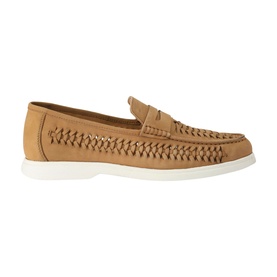 KG by Kurt Geiger beige woven leather penny loafer with moc-toe detail and white rubber sole