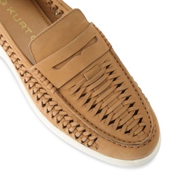 KG by Kurt Geiger beige woven leather loafer, close-up of toe box showing lattice weave detail and white sole
