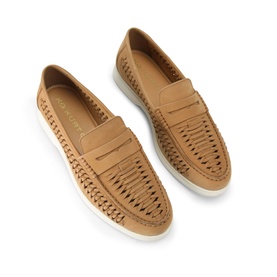 KG by Kurt Geiger beige woven leather penny loafers with white flatform sole, top-down view
