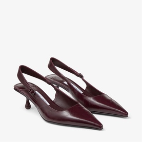 Jimmy Choo deep merlot leather slingback pointed-toe kitten heels with buckle strap detail and sculptural heel