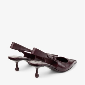 Jimmy Choo deep merlot leather slingback kitten heel pumps with pointed toe and sculpted heel, rear three-quarter view