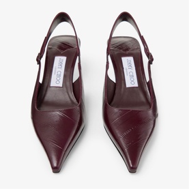 Jimmy Choo deep merlot leather pointed-toe slingback heels, overhead view showing quilted toe detail and ankle strap