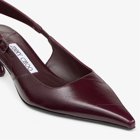 Jimmy Choo deep merlot croc-embossed leather slingback pointed-toe kitten heel pump, close-up detail view