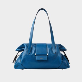 Jimmy Choo Bar Biker Leather Medium Holdall Bag in lagoon blue with shiny gold-tone hardware, bar closure, reinforced corners, and double shoulder