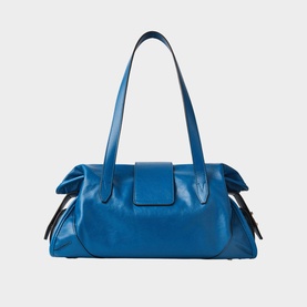 Jimmy Choo Bar Biker Leather Medium Holdall Bag in lagoon blue with shiny gold-tone hardware, bar closure, reinforced corners, and shoulder straps