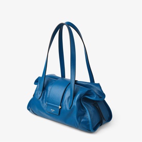 Jimmy Choo Bar Biker Leather Medium Holdall Bag in lagoon blue with shiny gold-tone hardware, dual shoulder straps and bar closure detail