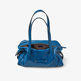 Jimmy Choo Bar Biker Leather Medium Holdall Bag in lagoon blue with gold-tone hardware, dual shoulder straps, bar closure and reinforced corners