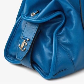 Jimmy Choo Bar Biker Leather Medium Holdall Bag in lagoon blue with shiny gold-tone JC logo hardware and bar closure detail