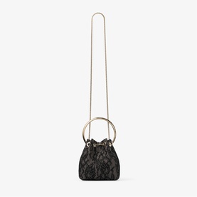 Black lace mini bucket bag with gold ring handles and long gold chain shoulder strap