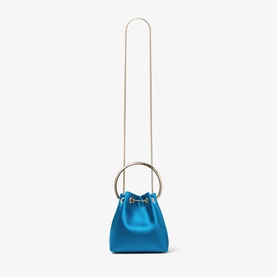 Jimmy Choo bucket bag in lagoon blue satin with light gold ring handle and long gold chain strap, drawstring closure