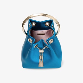 Jimmy Choo bucket bag in lagoon blue metallic leather with light gold ring handles and tassel drawstring, pink interior visible