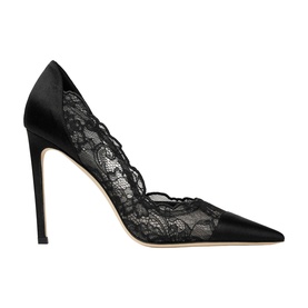 Jimmy Choo black satin and lace pointed-toe stiletto pump with scalloped lace overlay and slim high heel