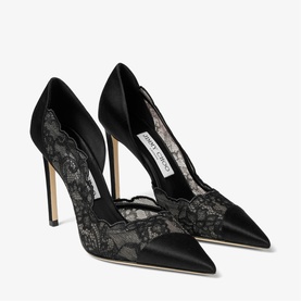 Jimmy Choo black satin and lace pointed-toe stiletto pumps with scalloped lace panels and gold-tone heel
