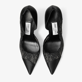 Jimmy Choo black lace and satin pointed-toe d'Orsay heels, overhead flat-lay view showing branded insoles