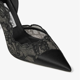 Jimmy Choo black satin pointed-toe pump with scalloped lace overlay panel, stiletto heel, close-up detail shot