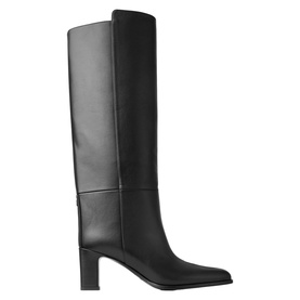 Black leather knee-high boots with block heel, pointed toe, and panelled shaft detail