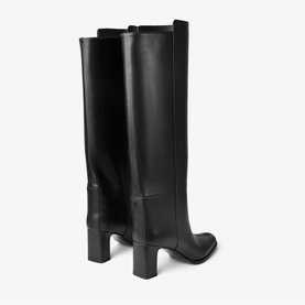 Black leather knee-high boots, block heel, rear view showing smooth shaft and structured silhouette