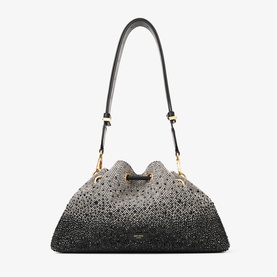 Jimmy Choo Bon Bon bag in black crystal embellishment, slouchy silhouette, gold-tone hardware, adjustable leather shoulder strap