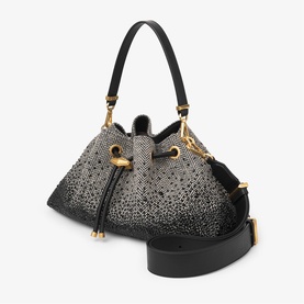 Black crystal-embellished bucket bag with gold-tone hardware, drawstring top, short top handle and detachable wide black shoulder strap
