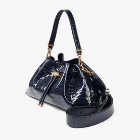 Jimmy Choo blue croc-embossed patent leather bucket bag with gold-tone hardware, top handle, and detachable crossbody strap