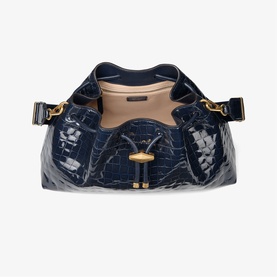 Jimmy Choo blue croc-embossed patent leather tote bag, open top view, nude interior lining, gold-tone hardware and clasp detail
