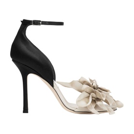 Jimmy Choo white and black leather heeled sandal with ruffle flower detail at toe and ankle strap, stiletto heel