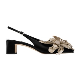 Jimmy Choo Eyla 45 Floral Slingback Block Heels in black satin with oversized beige handcrafted floral accent, rounded toe, block heel