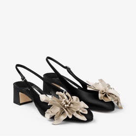 Jimmy Choo Eyla 45 Floral Slingback Block Heels in black satin with oversized cream handcrafted floral accent and rounded toe