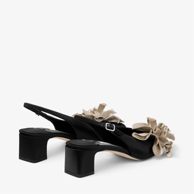 Jimmy Choo Eyla 45 Floral Slingback Block Heels in black satin, back view showing champagne layered floral accent and buckle strap
