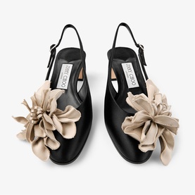 Jimmy Choo Eyla 45 Floral Slingback Block Heels in black with oversized champagne satin handcrafted floral accents, rounded toe, slingback strap.