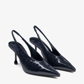 Jimmy Choo navy blue croc-embossed patent leather slingback heels with pointed toe and sculptural stiletto heel