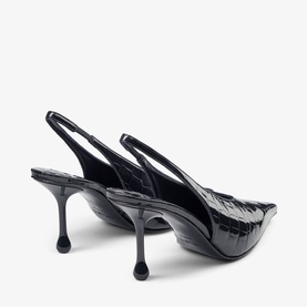 Jimmy Choo blue patent croc-embossed slingback pumps with sculptural stiletto heel, shown from rear angle.