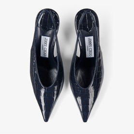 Jimmy Choo blue croc-embossed leather pointed-toe mules, overhead view showing textured upper and stiletto heel