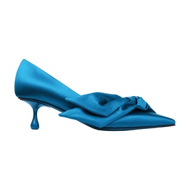 Jimmy Choo blue satin pointed-toe kitten heel pump with oversized bow detail and sculptured heel, side profile view.