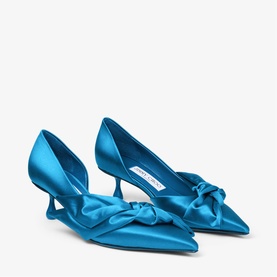 Jimmy Choo blue satin pointed-toe kitten heel pumps with oversized bow detail and d'Orsay cut-out sides
