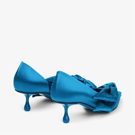 Jimmy Choo blue satin kitten heel mule with oversized bow detail and sculptural drip-style heel, side view