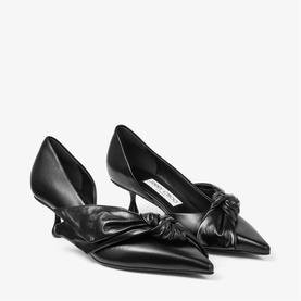 Jimmy Choo black leather pointed-toe kitten heel pumps with ruched bow detail and d'Orsay cut-out sides