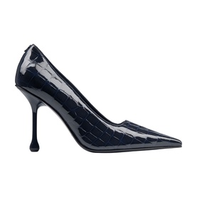 Jimmy Choo blue patent croc-embossed pointed-toe stiletto pump with sculptured heel, side profile view