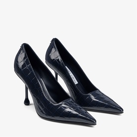 Jimmy Choo blue croc-embossed patent leather pointed-toe stiletto pumps with sculptured heel, pair shown together