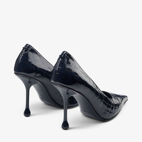 Jimmy Choo blue patent croc-effect stiletto court shoes, shown from behind highlighting sculptured black heel and pointed toe